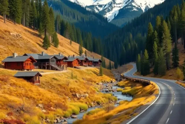 Cabins on a high mountain valley slope above a creek with pines and snowy peaks