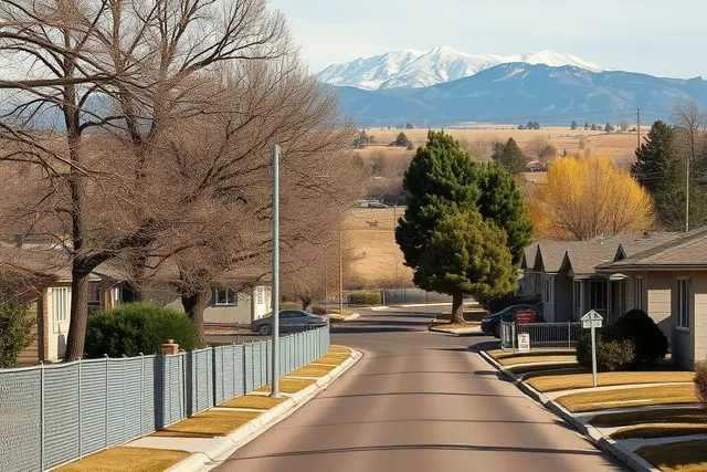 Street of 1960s ranch homes with mature trees in Security-Widefield