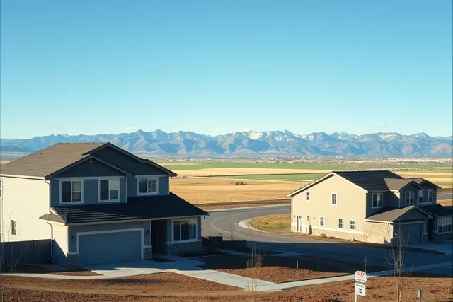 New two-story homes with young landscaping near farm fields in Severance