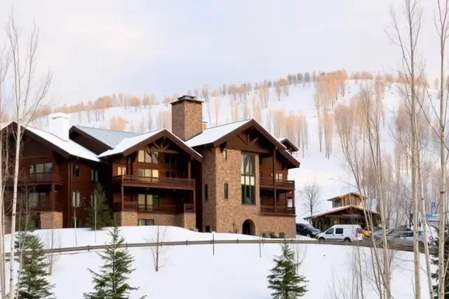 Wood and stone condo buildings on a snowy hillside in Snowmass Village