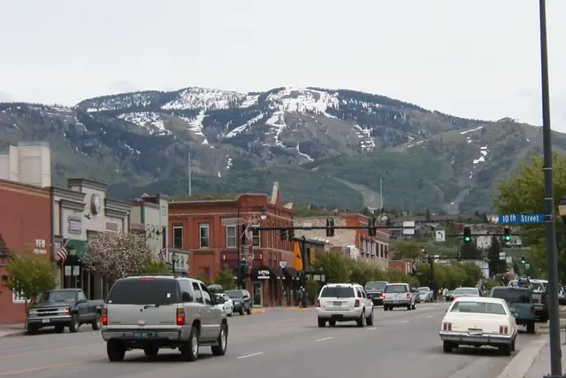 Lincoln Avenue in downtown Steamboat Springs with the ski mountain behind
