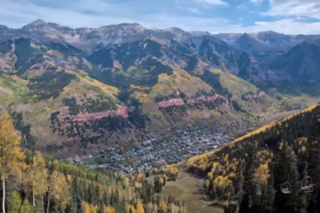 Telluride in its box canyon seen from the ski hill in autumn