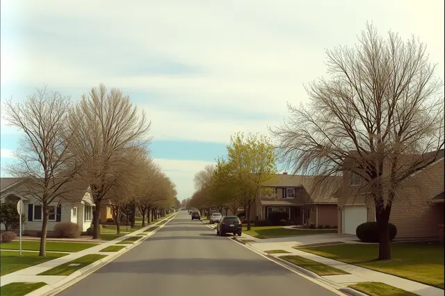 Suburban street of ranch and two-story homes in Thornton