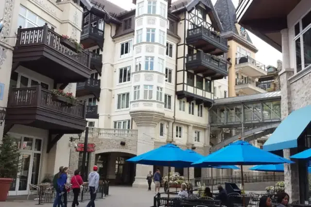 Alpine-style lodges and condo buildings with balconies in Vail Village
