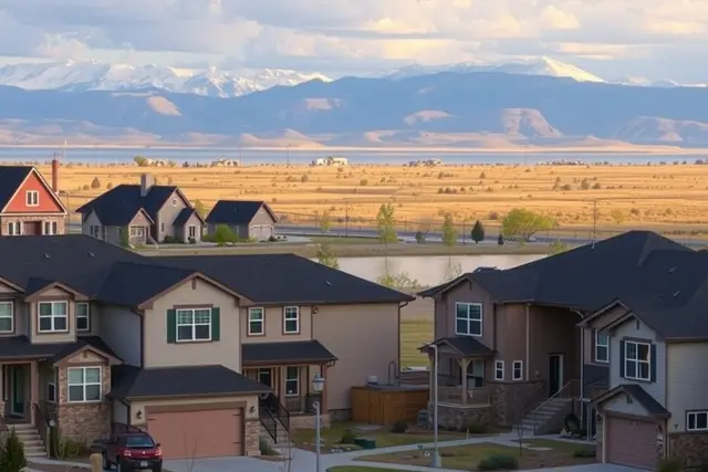 Newer suburban homes near a lake in Windsor with mountains behind