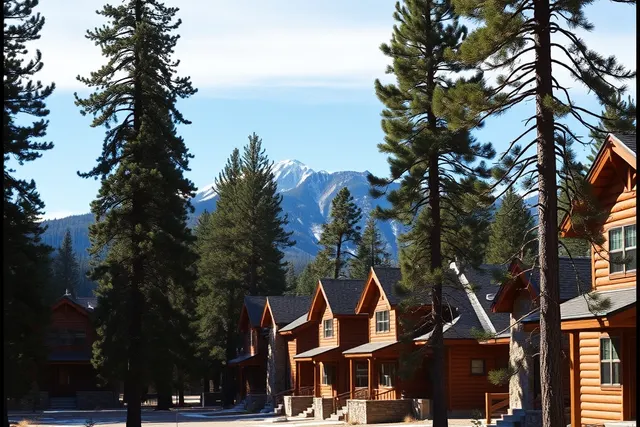 Wood-sided mountain homes among ponderosa pines in Woodland Park with Pikes Peak behind